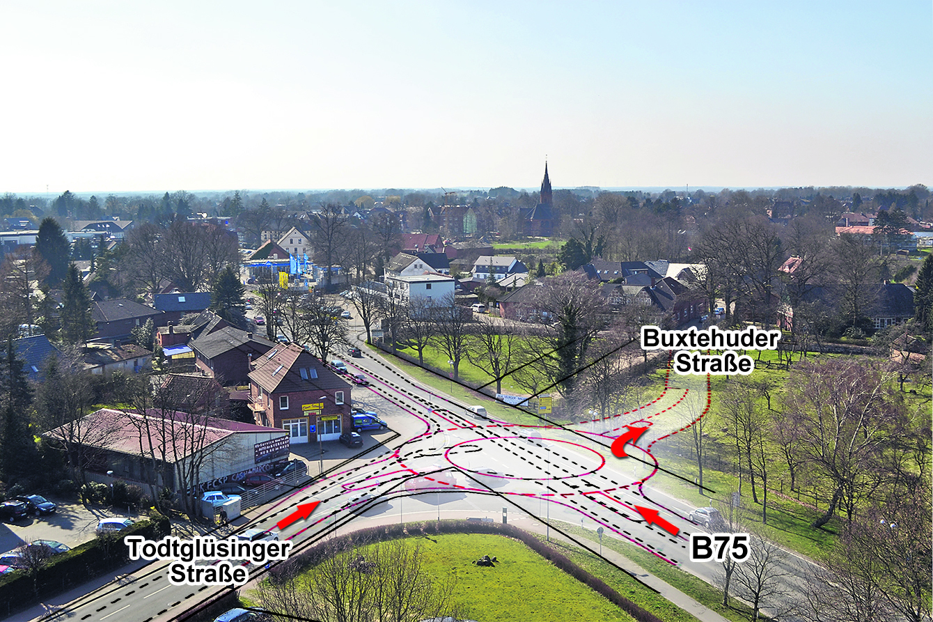 So könnte der Kreisverkehr aussehen, der an der Kreuzung B75 -Todtglüsinger Straße - Buxtehuder Straße entstehen soll
