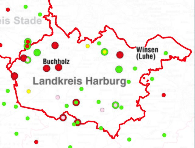 Die Karte zeigt die Standorte, an denen im Landkreis Harburg erhöhte Nitratwerte (rot) im Grundwasser gemessen wurden, Z.B. im Bereich Stelle, Buchholz und Rosengarten