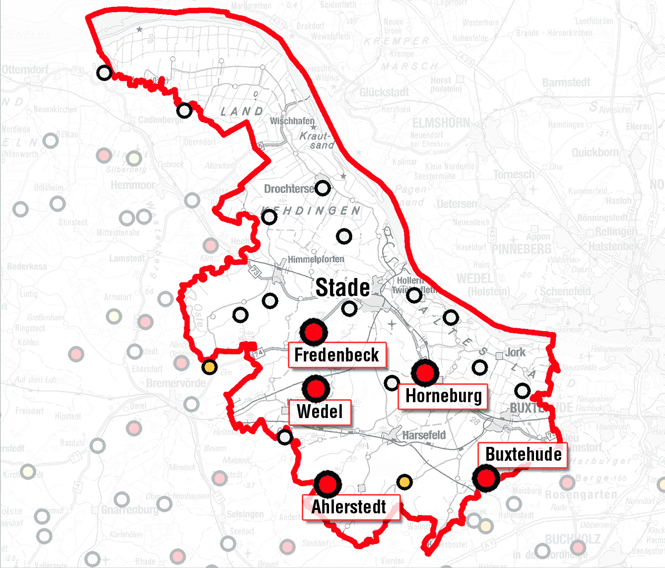 Die Graphik zeigt die Mess-Stationen, an denen im Landkreis Stade (rot umrandet) erhöhte Nitratwerte (rot) festgestellt wurden