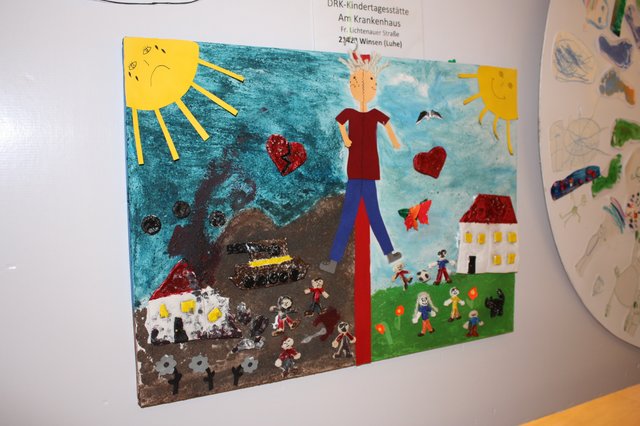 Schlechte Welt, gute Welt: Dieses Bild gestalteten die Kinder der DRK-Kindertagesstätte am Krankenhaus in Winsen