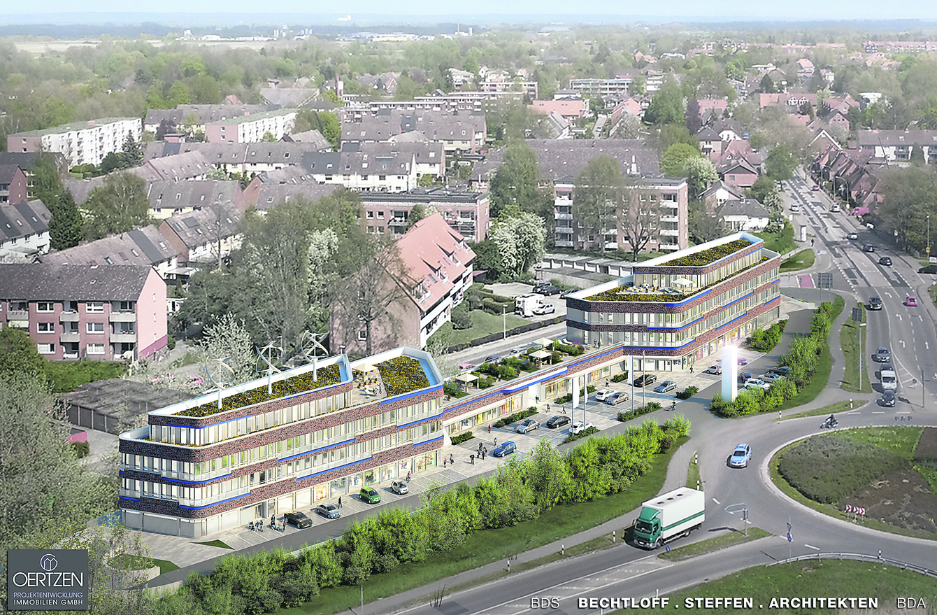 So soll der Neubau aus der Vogelperspektive aussehen. Jens-Peter Oertzen (kl. Foto) stellte die Pläne jetzt vor