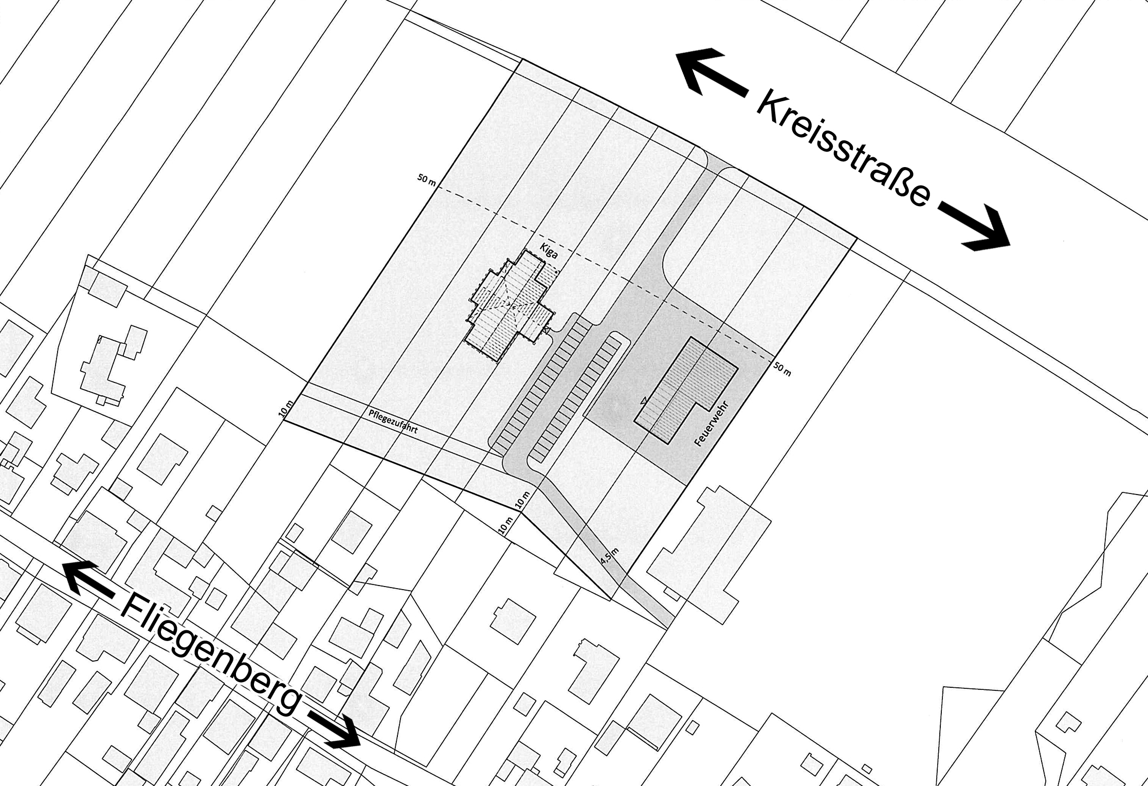 Zwischen der Kreisstraße und der Straße Fliegenberg sollen der Kindergarten und das Feuerwehrhaus gebaut werden. Nachdem eigentlich schon alles klar war, gibt es jetzt wieder Streit um die Zuwegung
