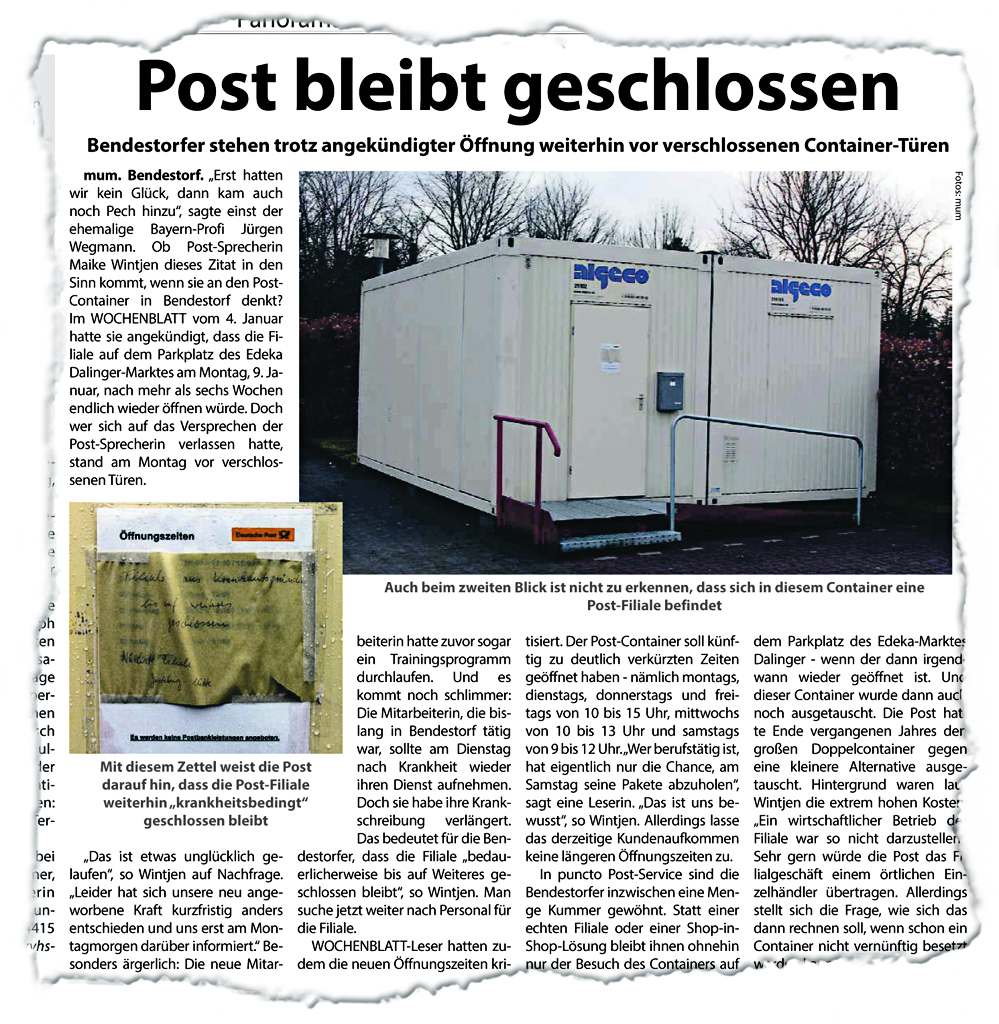 Immer wieder hat das WOCHENBLATT über die
Post-Container-Filiale in Bendestorf berichtet