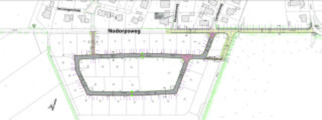 Auf einem gut vier Hektar großen Gebiet am Nodorpsweg in Agathenburg sollen 31 Bauplätze entstehen, die über eine Ringstraße (grau) erschlossen werden sollen | Foto: Graphik: "Galla & Partner"