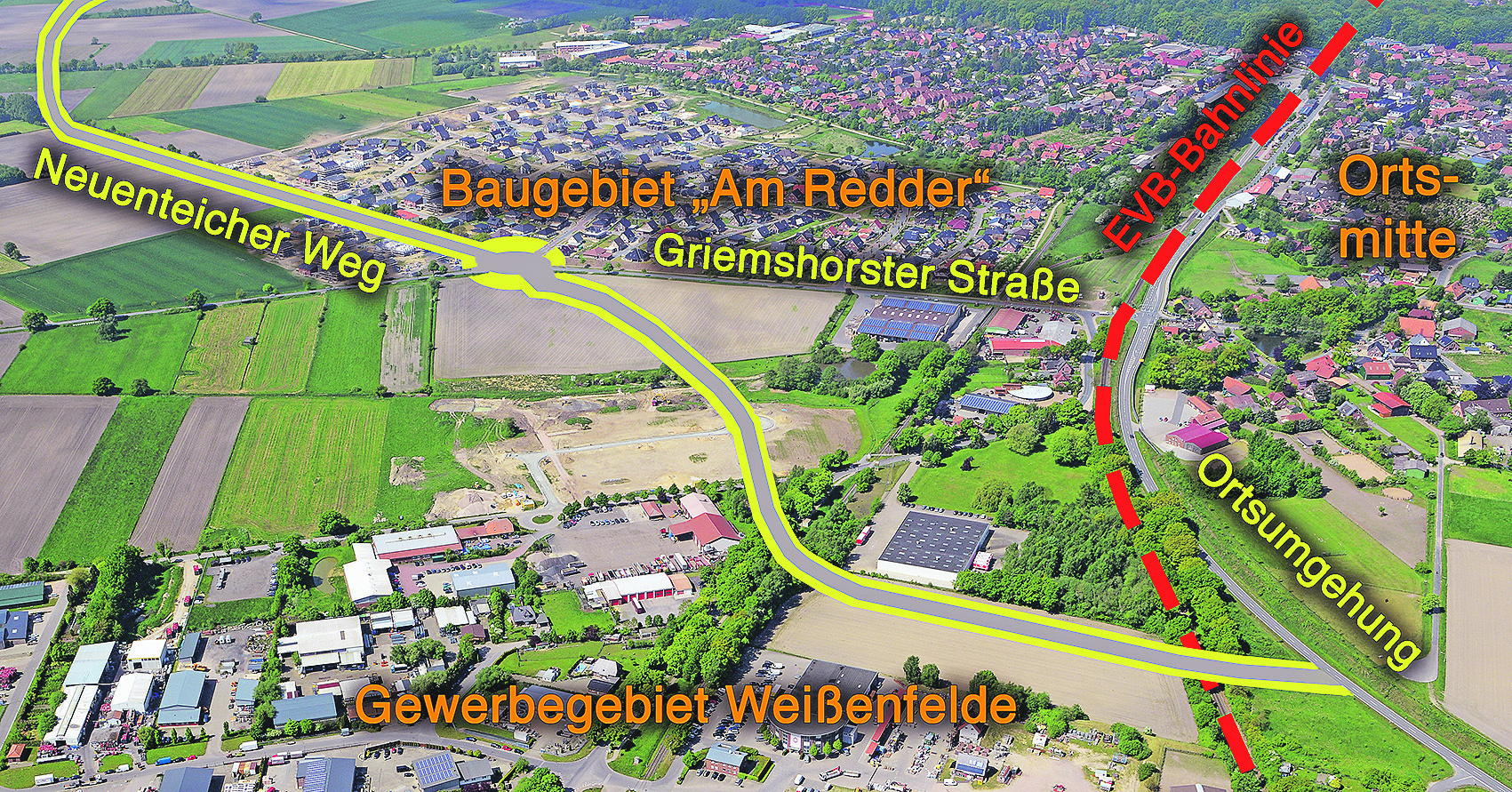 Die gelbe Linie stellt den möglichen Trassenverlauf dar