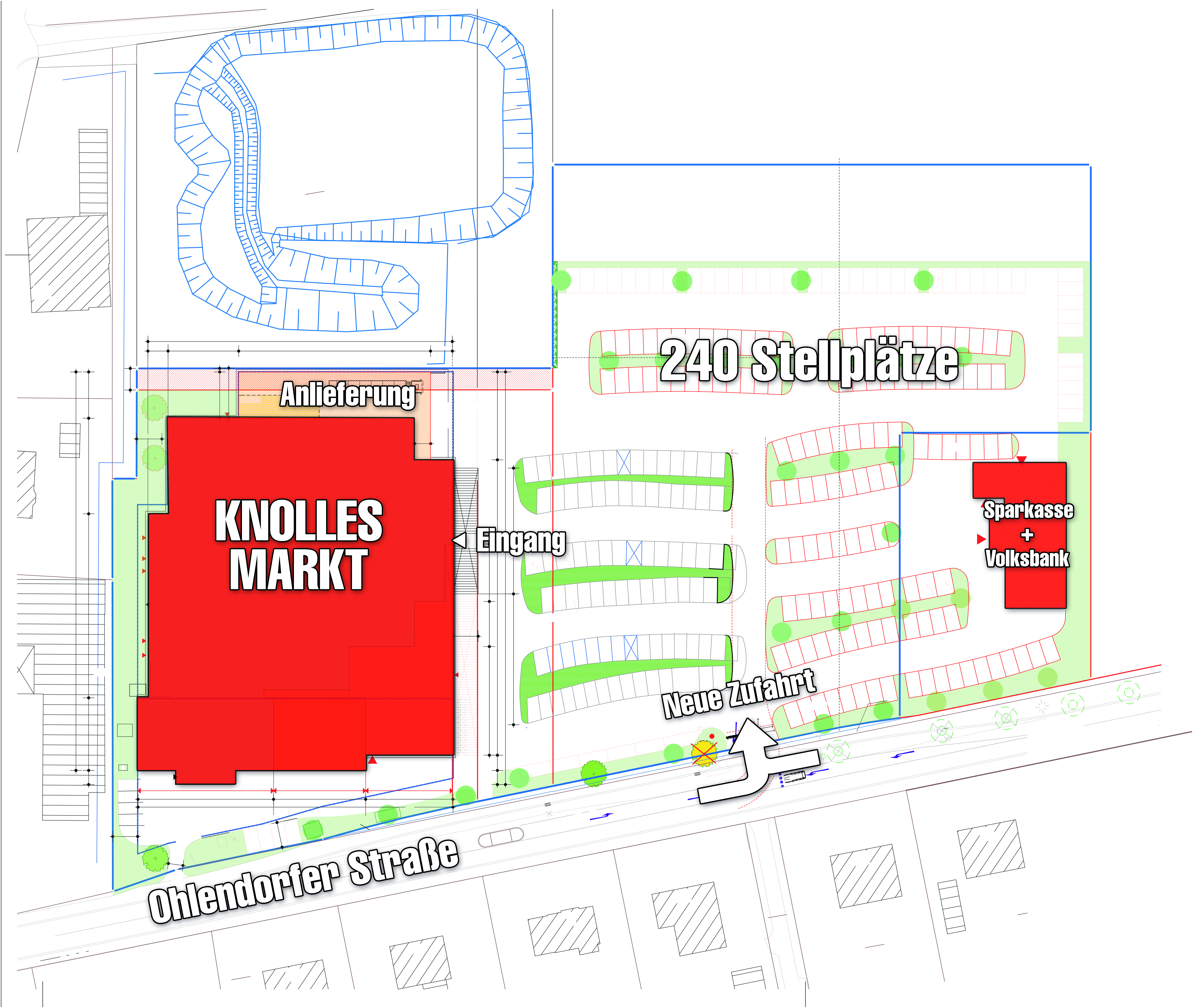 Neben der Erweiterung des Edeka-Marktes ist auch eine Verlegung der Einfahrt zum Parkplatz,
der künftig insgesamt 240 Stellplätze haben wird, geplant