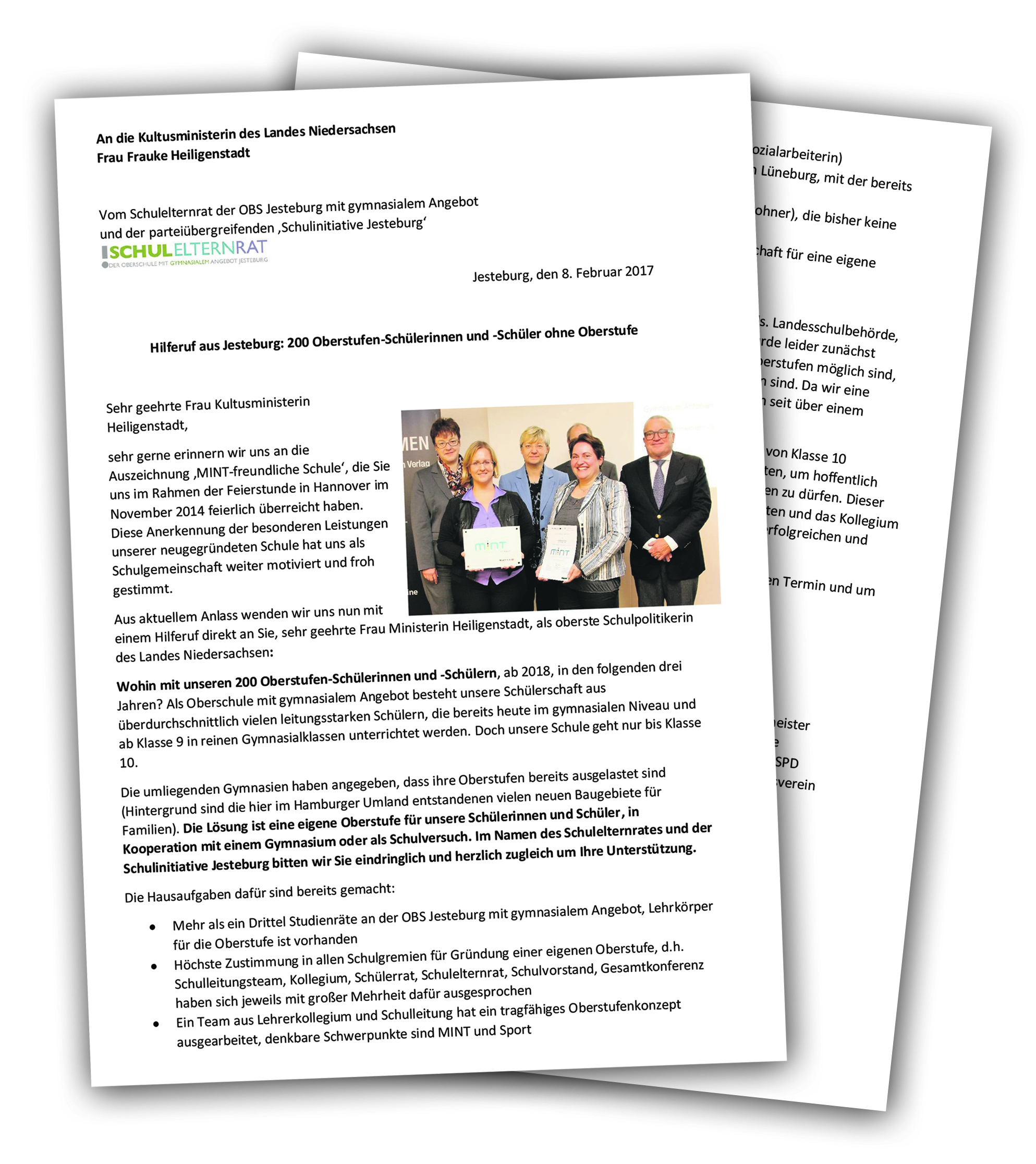 Mit diesem Bettelbrief erhofft sich die Oberschule Unterstützung von Kultusministerin Frauke Heiligenstadt