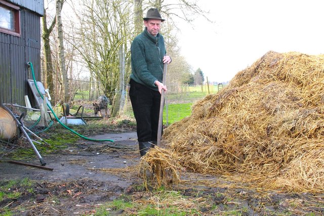 Der Hofhund schaut bei der Arbeit zu: Erich Fick mit Mistforke am Dunghaufen