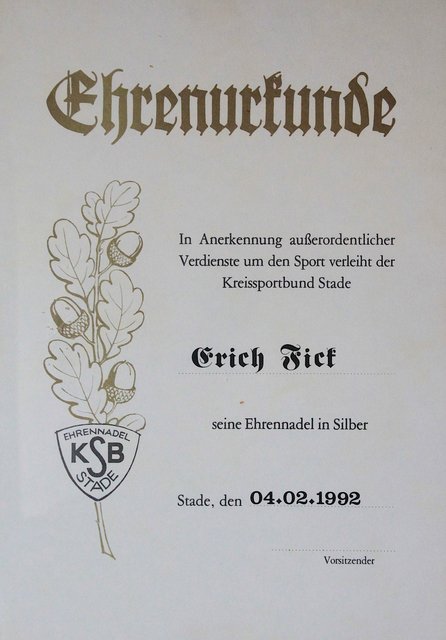 Urkunde vom Kreissportbund als Wandschmuck