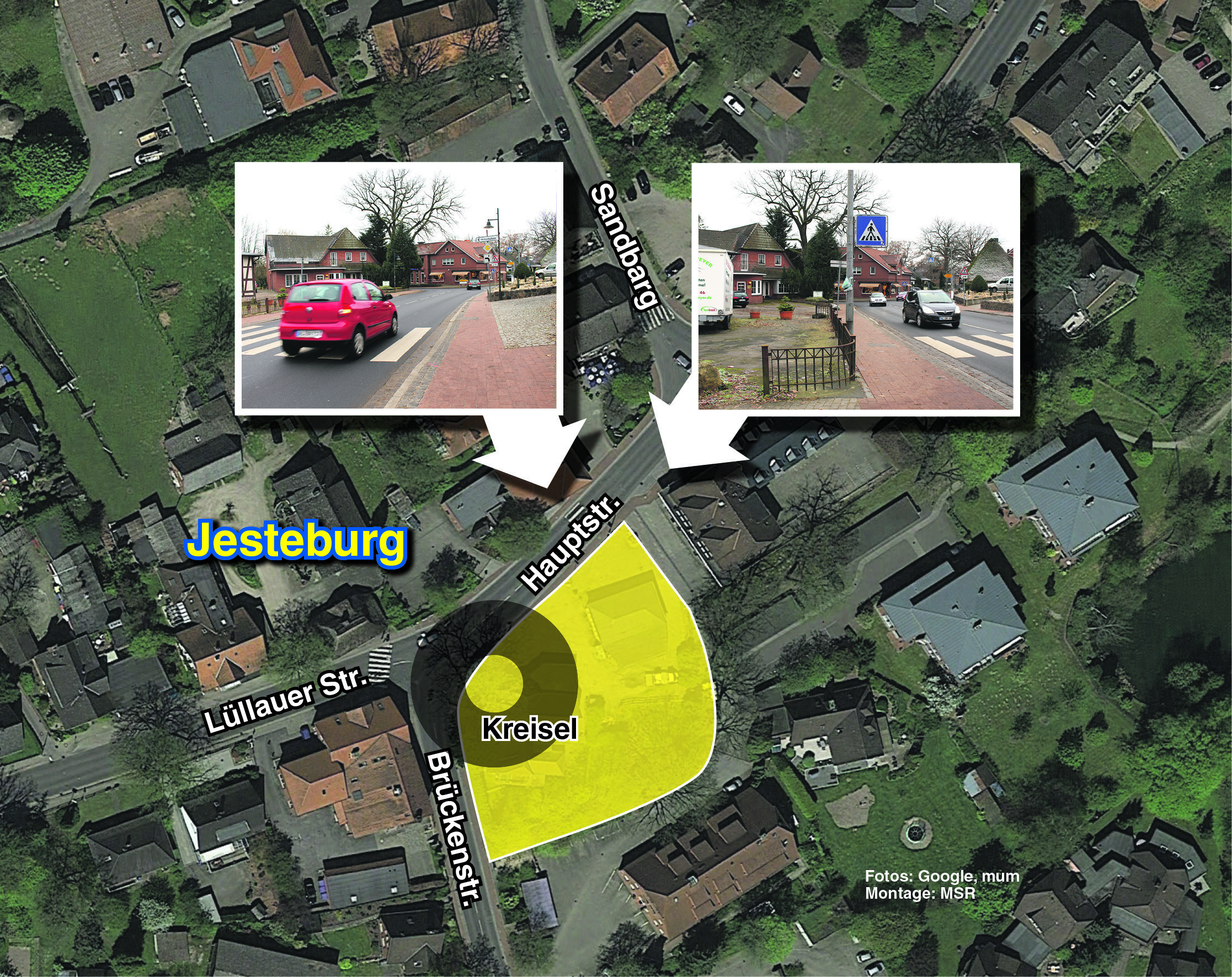 Die Montage zeigt den Kreuzungsbereich Haupt-, Lüllauer- und Brückenstraße. Für einen möglichen Kreisel müsste die Gemeinde das Grundstück von Jürgen Meyer erwerben