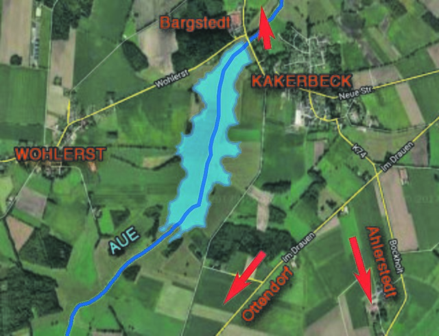 Die Karte zeigt den möglichen Überflutungsbereich der Aue bei Kakerbeck | Foto: Google Maps/jd