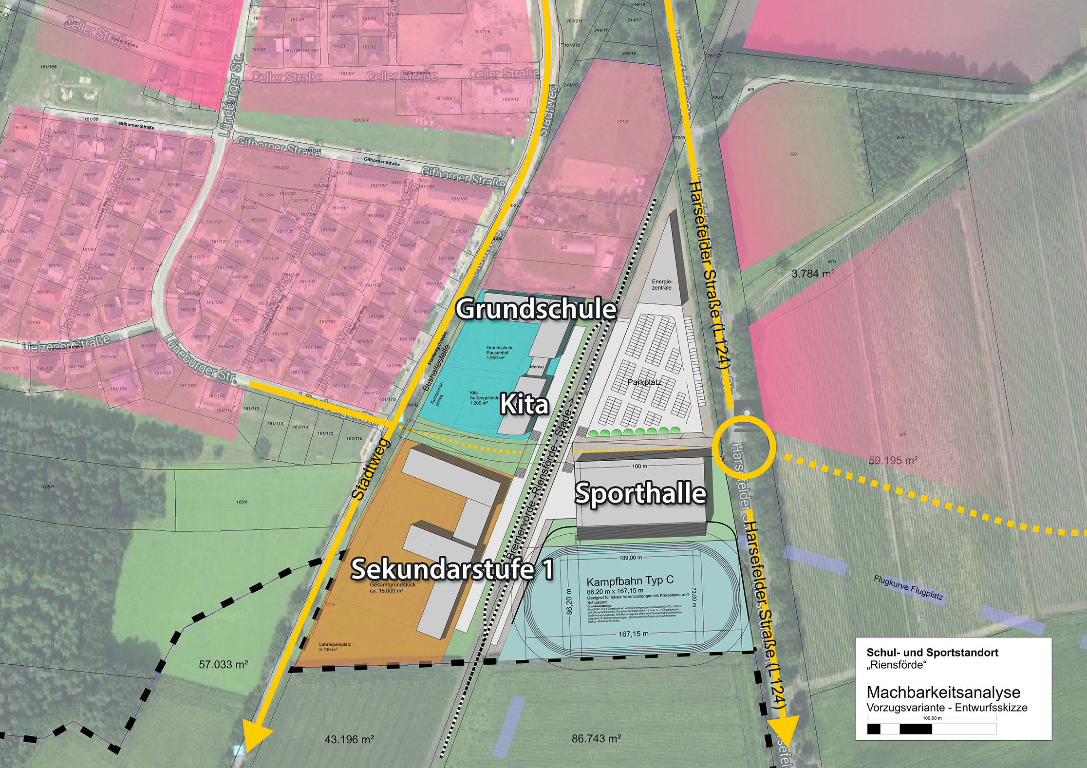 So könnte es in einigen Jahren aussehen: Schulen und Kita sollen vom Stadtweg erreichbar sein. Zwischen Schulen und Sportanlagen sowie den Parkplätzen liegen die Bahngleise. Geplant ist eine Unterführung als Geh- und Radweg