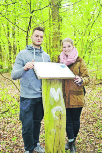 Madeleine Meyer und Sebastian Mohrmann haben die Tafeln des Waldlehrpfades erneuert und gereinigt