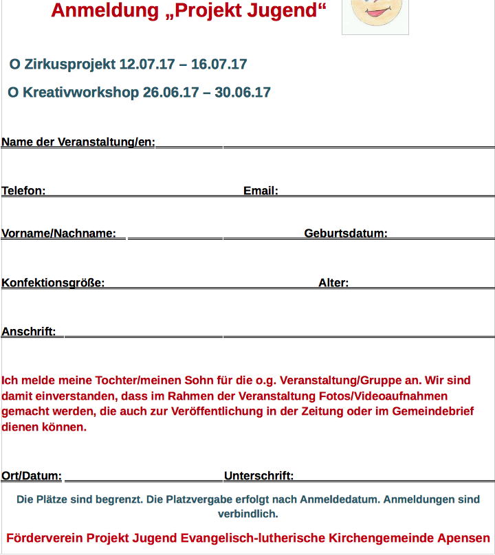 Bitte das Anmeldeformular ausfüllen und im Gemeindehaus an der Beckdorfer Straße abgeben