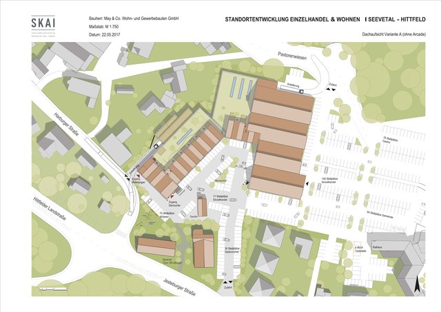Die Planungsübersicht: Rechts der Edeka, der um einen Anbau erweitert wird, links der Aldi mit acht Wohnungen im Obergeschoss | Foto: SKAI/May & Co.