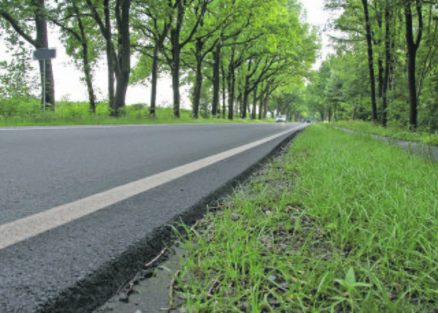Zwischen der neu asphaltierten Bundesstraße 74 und dem Seitenraum aus Gras und Schotter liegt eine deutliche Stufe
