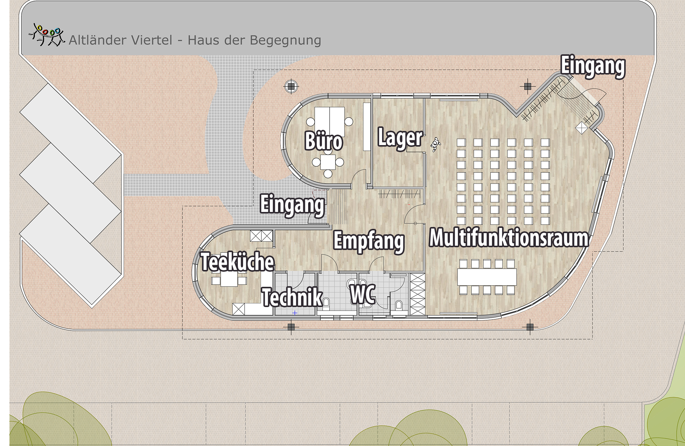 Grundriss als Architektenskizze: Herzstück des neuen Mehrgenerationen-Treffpunktes ist ein großer Multifunktionsraum