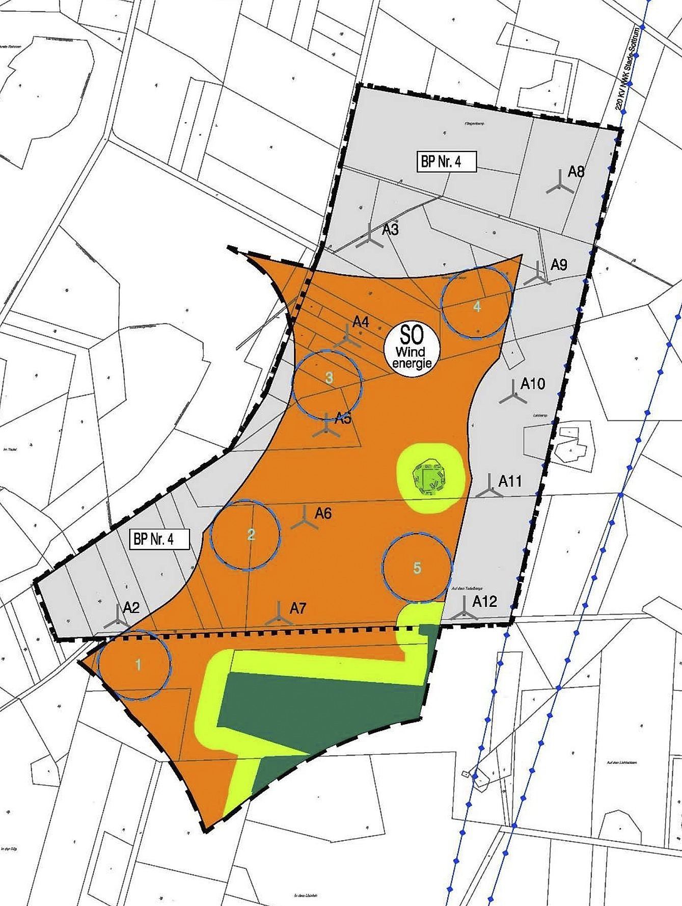 Die Karte zeigt den alten Windpark (grau) und die neue Fläche (orange). Die jetzigen Windräder sind mit den Nummern A1 bis A12 versehen. Die fünf geplanten Windräder sind durch Kreise dargestellt. Die grünen Flächen stellen Waldgebiete bzw. Schutzzonen dar. Karte: SG Harsefeld