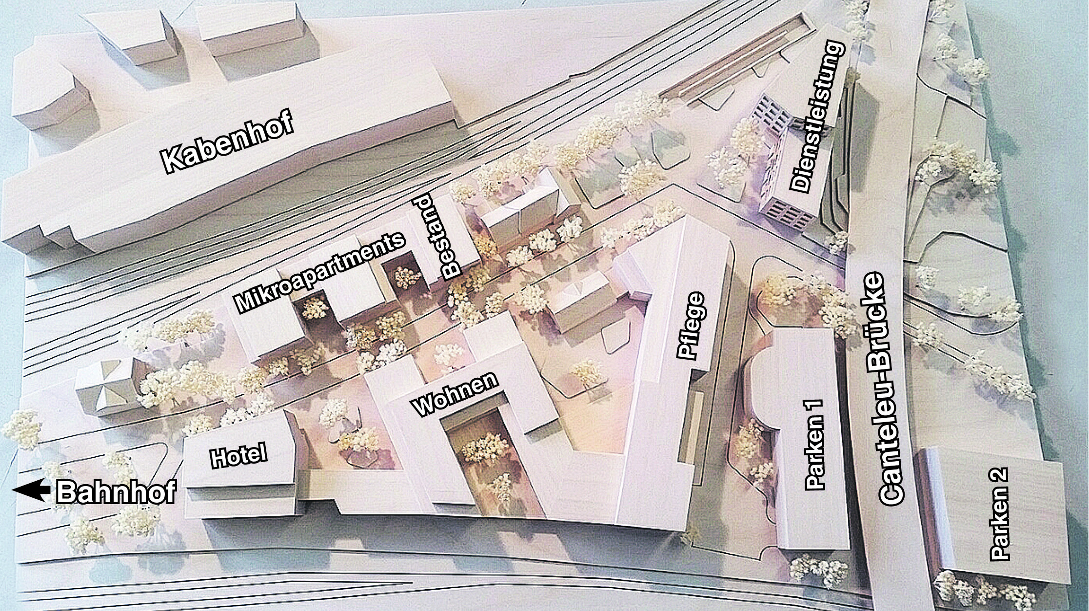 Das Modell zeigt beispielhaft Nutzungen für das Canteleu Quartier. Änderungen sind noch möglich