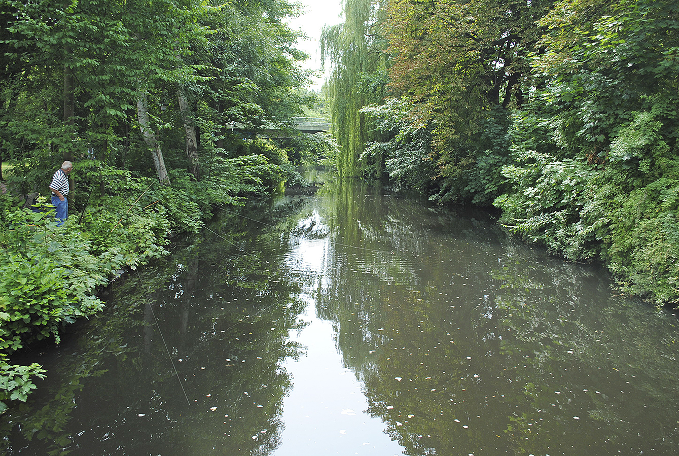 Zwei mal die Este, zwei vollkommen unterschiedliche Impressionen: Rechts fließt sie naturnah mitten durch Buxtehude und im unteren Flussabschnitt, hier Estebrügge, bietet sich mit Wohnbebauung am Ufer ein völlig anderes Bild