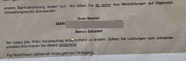 Mit diesem Brief informierte die Verwaltung über das neue Konto in Spanien
