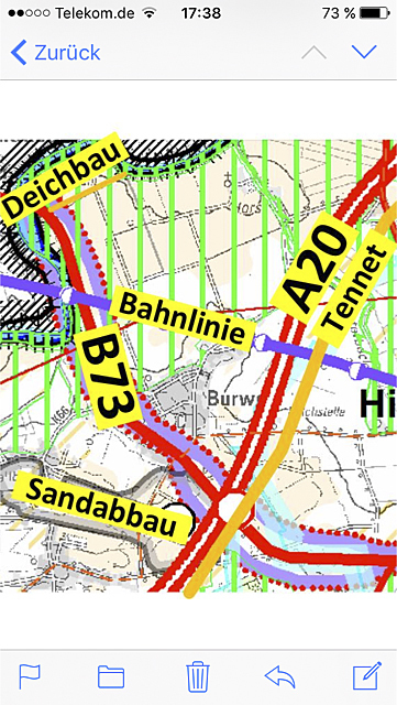 Das Dorf Burweg umgeben von der B73, der künftigen A20, der Tennet-Stromtrasse und der Eisenbahnlinie