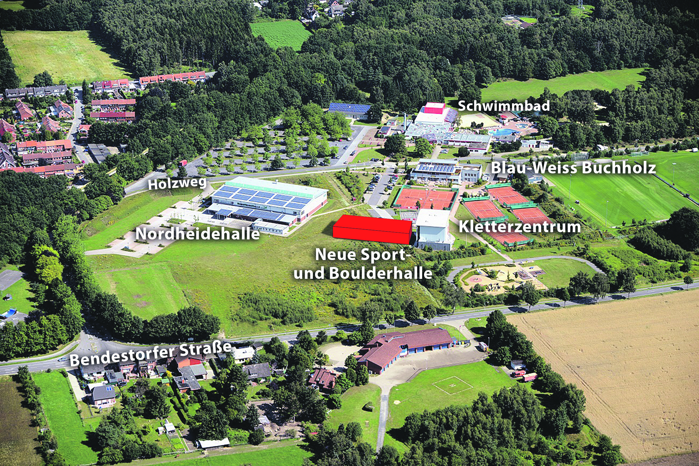 Das Luftbild zeigt das Sportzentrum von Blau-Weiss Buchholz mit der neuen Sporthalle (rot)
