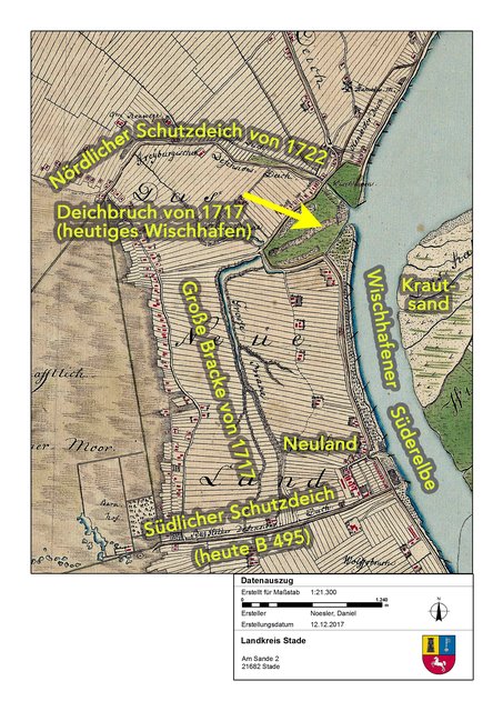 Die alte Karte aus dem 18. Jahrhundert zeigt den Zustand des Wischhafener Brackfeldes nach der Wiedereindeichung 1742. Die Erläuterungen in gelber Schrift sind hinzugefügt   Karte: LK Stade