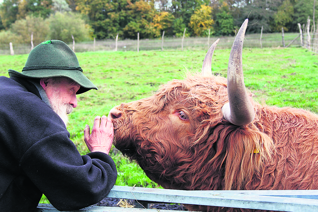 Tierschützer Günter Garbers und seine Mitstreiter vom "Lebenshof am Mühlenbach" wollen mit der Mahnwache bei Highland-Bulle "Schmusi" auf die Rechte der Tiere aufmerksam machen