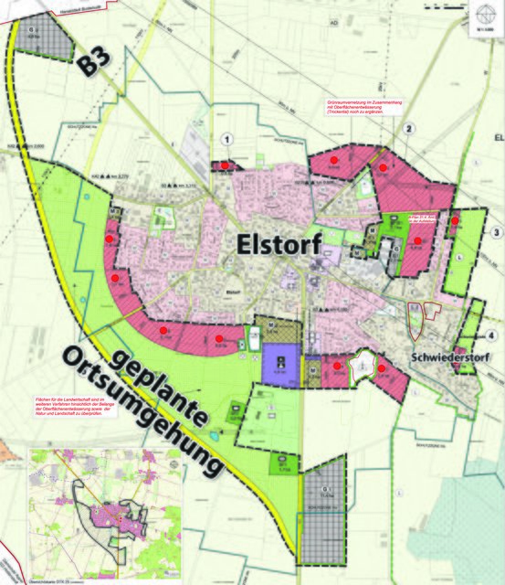 Der Entwurf für Elstorf/Schwiederstorf: Die rotbraunen Flächen weisen mögliche Wohnbebauung aus. Von Süden nach Westen ist die B3-Umfahrung geplant - vorerst | Foto: Gemeinde Neu Wulmstorf/Montage: MSR