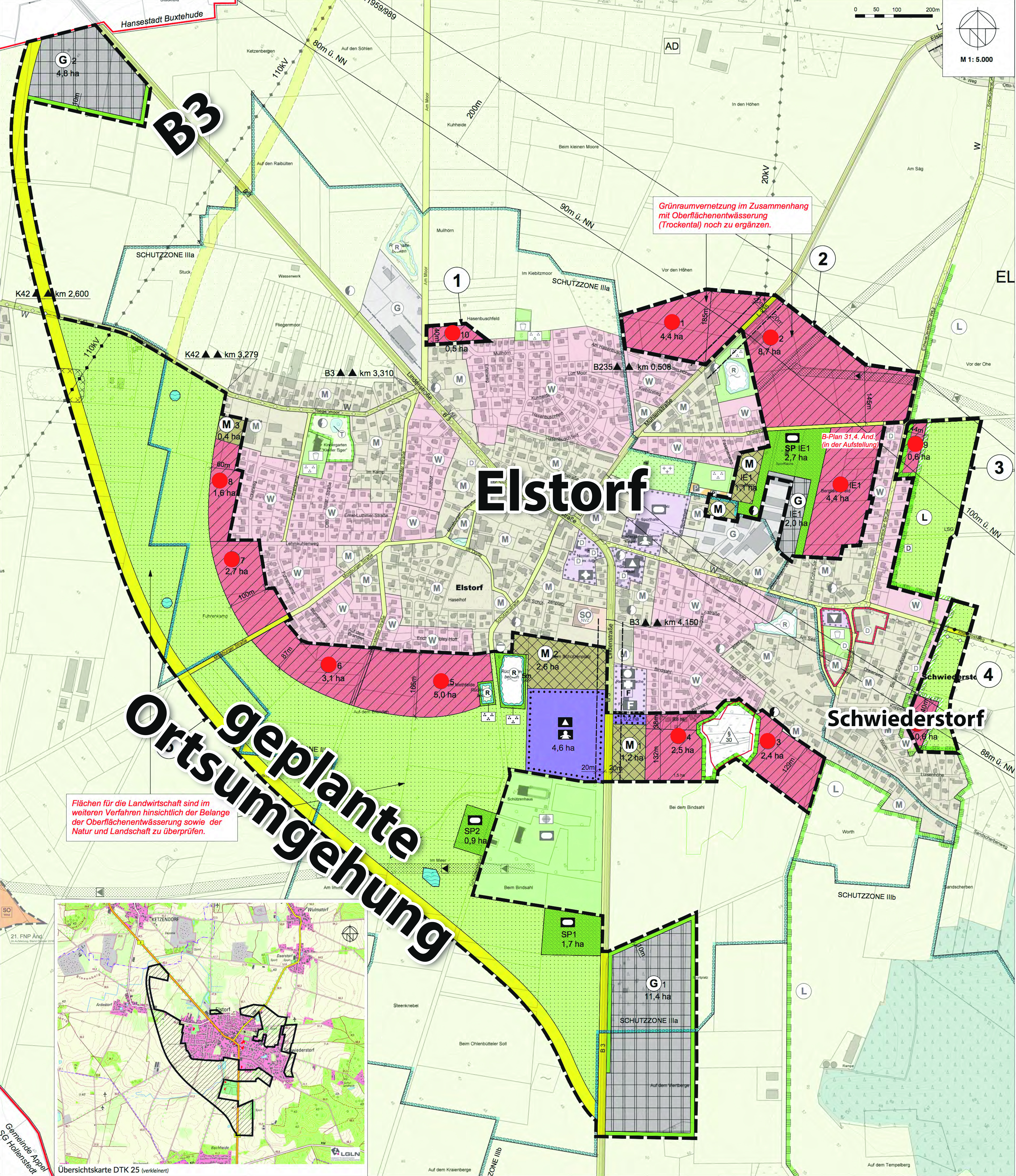 Der Entwurf für Elstorf/Schwiederstorf: Die rotbraunen Flächen weisen mögliche Wohnbebauung aus. Von Süden nach Westen ist die B3-Umfahrung geplant - vorerst