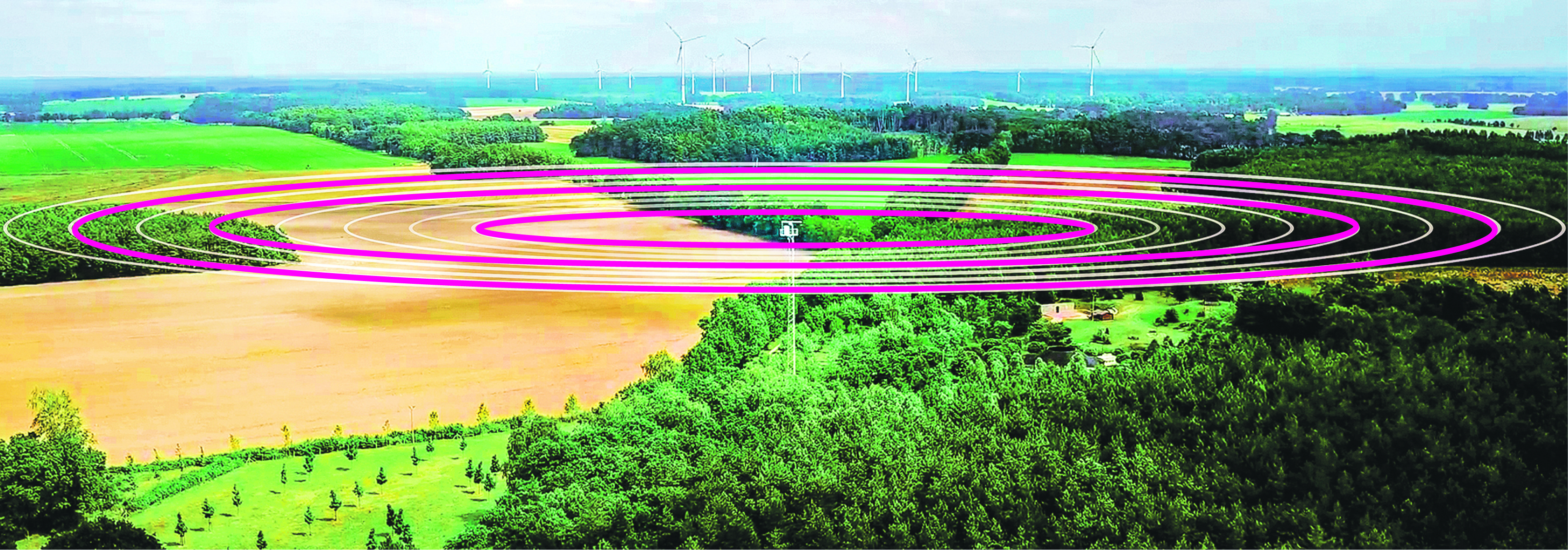 Ein Radarturm (Bildmitte) sendet ringförmig elektromagnetische Wellen aus und erfasst in einem Radius von 18 Kilometern Flugobjekte, die sich den Windparks nähern Visualisierung: VOSS Energy / www.vossenergy.com