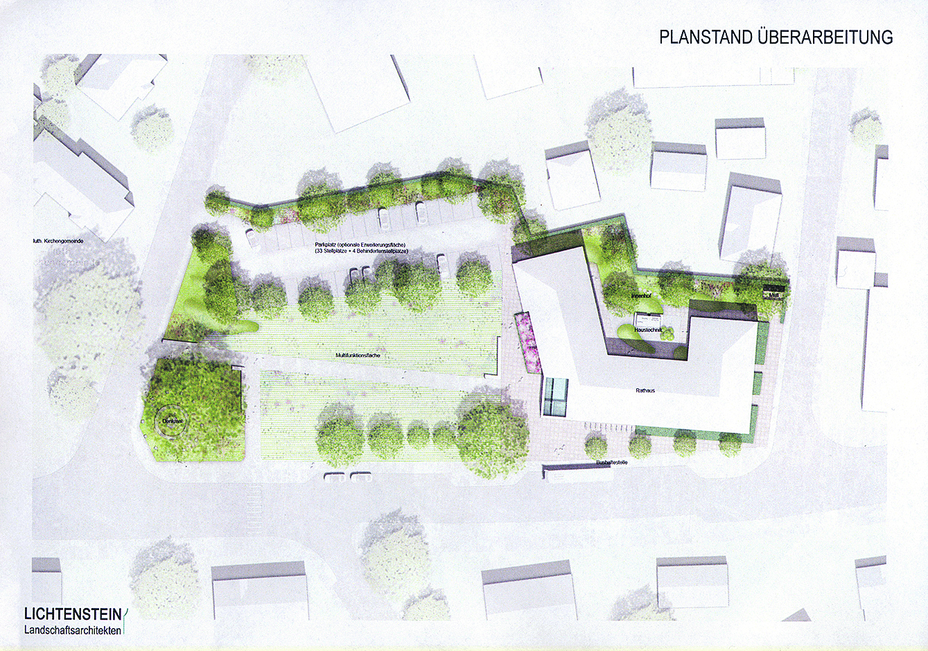 Ein Beispiel, wie der neue Rathausvorplatz zwischen Kirchenstraße
und Rathausneubau aussehen könnte, die Gestaltung ist jedoch noch völlig offen