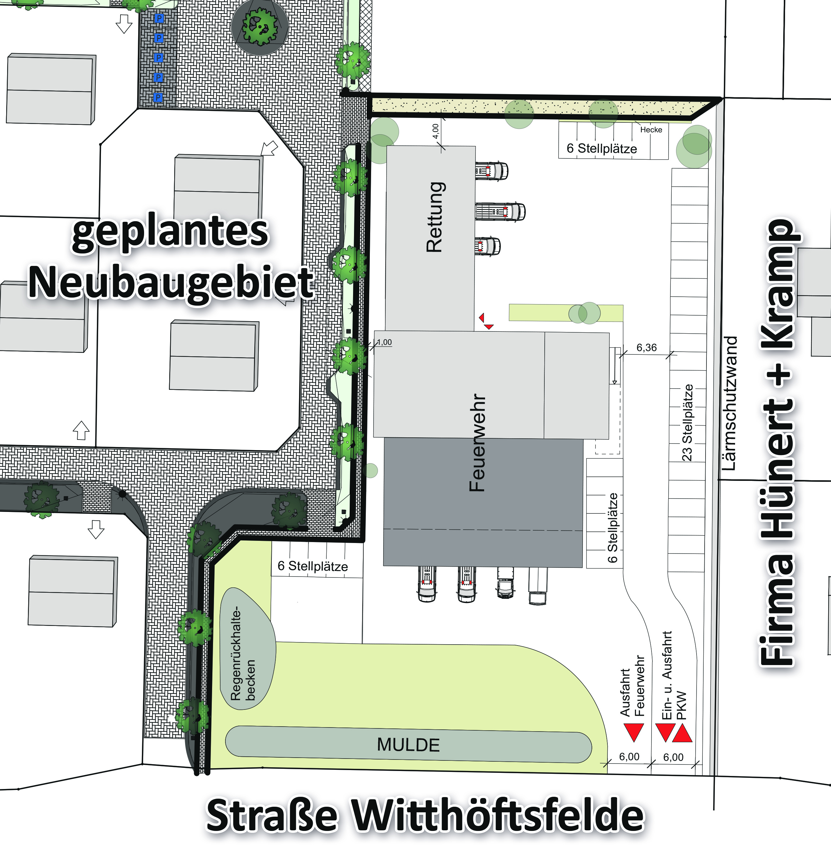 Der Entwurf für das neue Feuerwehrhaus: Das Brandschützer-Domizil soll - auch als Lärmschutz - zwischen dem Unternehmen "Hünert + Kramp" und dem Neubaugebiet errichtet werden