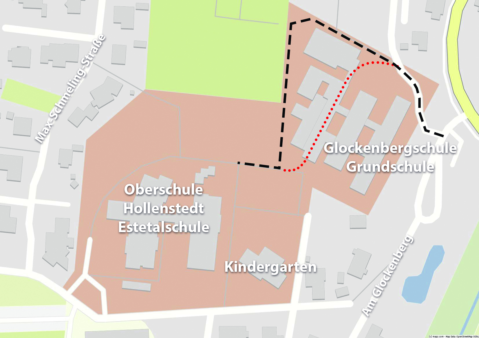 Die Grafik zeigt die Problematik: Weil der Weg außen herum (schwarz gestrichelt) offenbar vielen zu lang ist, gingen immer wieder Passanten durch das Schulgebäude (rot gestrichelt). Deswegen ist die Schule jetzt bis zum Unterrichtsbeginn geschlossen