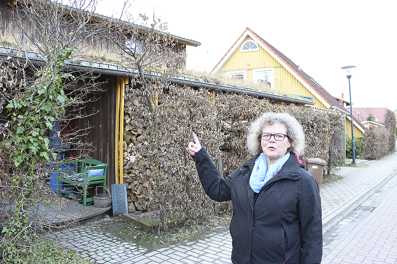 Karin Aval zeigt auf ein Gründach in ihrer Nachbarschaft im Stadtteil Ottenbeck. Hier gibt es sogar so etwas wie eine kleine Öko-Siedlung