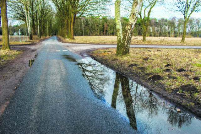 Auf der Straße hat sich eine riesige Pfütze gebildet Fotos mi