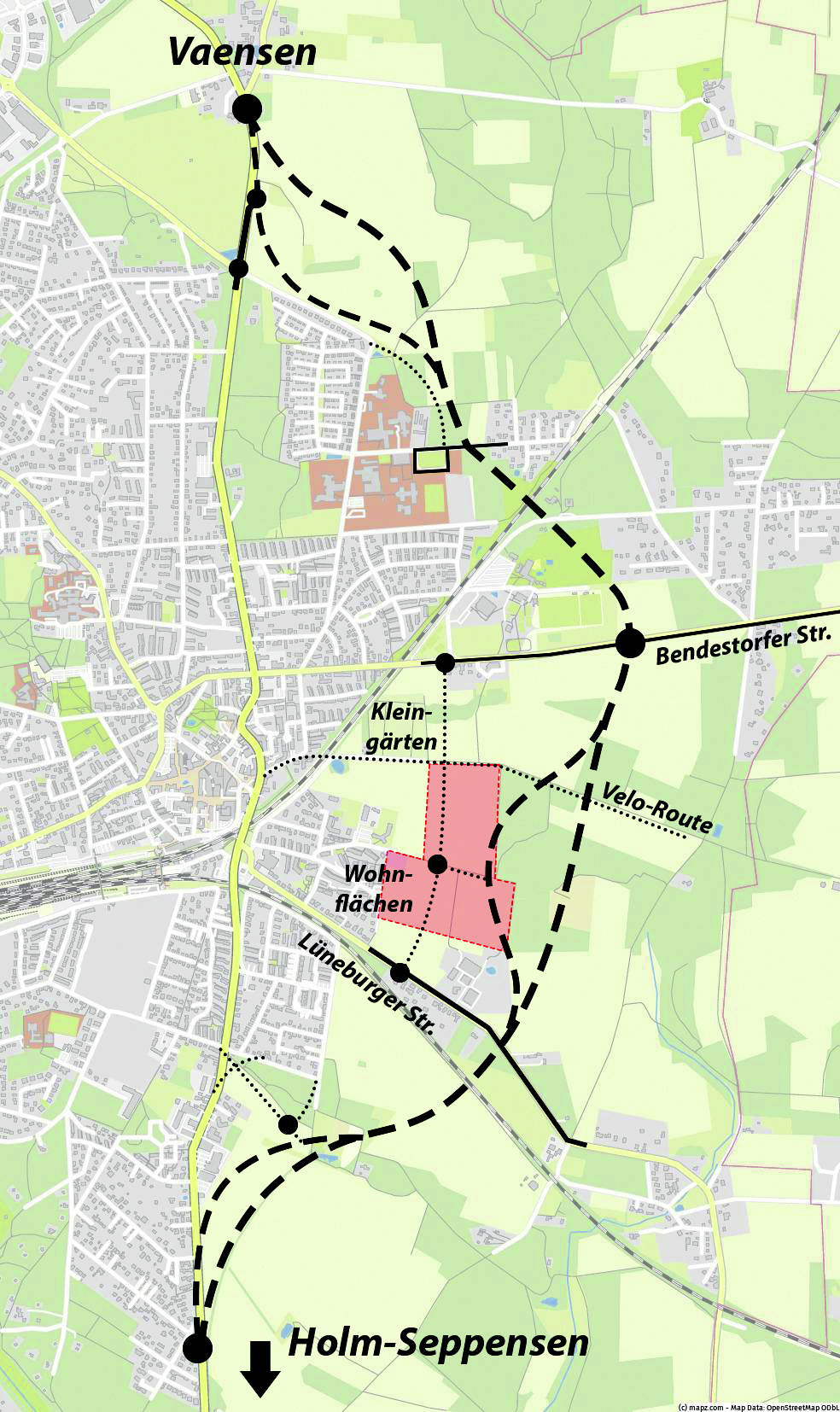Diesen Verlauf mit mehreren Trassenvarianten favorisiert die Stadtverwaltung