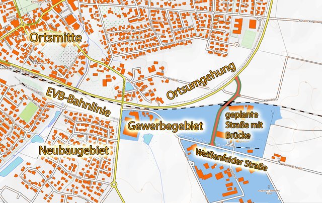 Der geplante Brückenschlag (orange Trasse) führt von der Umgehung ins Gewerbegebiet  Karte: jd/Open Topo Map