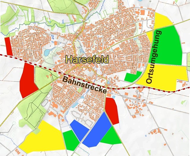 Bestehende (blau) und mögliche (grün, gelb und rot) neue Baugebiete in Harsefeld. Die gelben und grünen Flächen sollen nach dem Willen der Politik als Neubaugebiete ausgewiesen werden