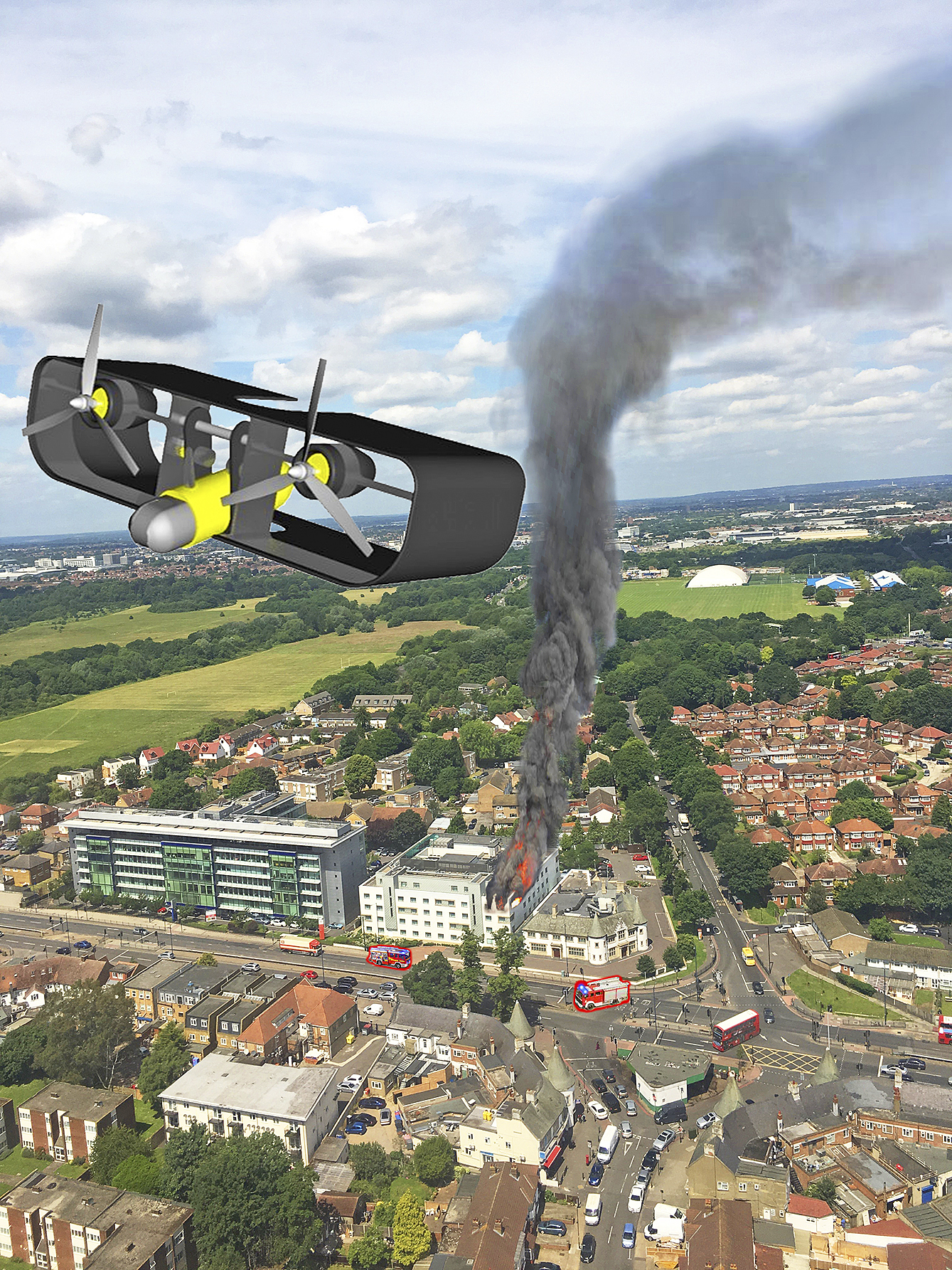 Diese Collage der syrphus GmbH zeigt, wie die Drohne der Feuerwehr bei einem Brand einen Überblick verschaffen könnte