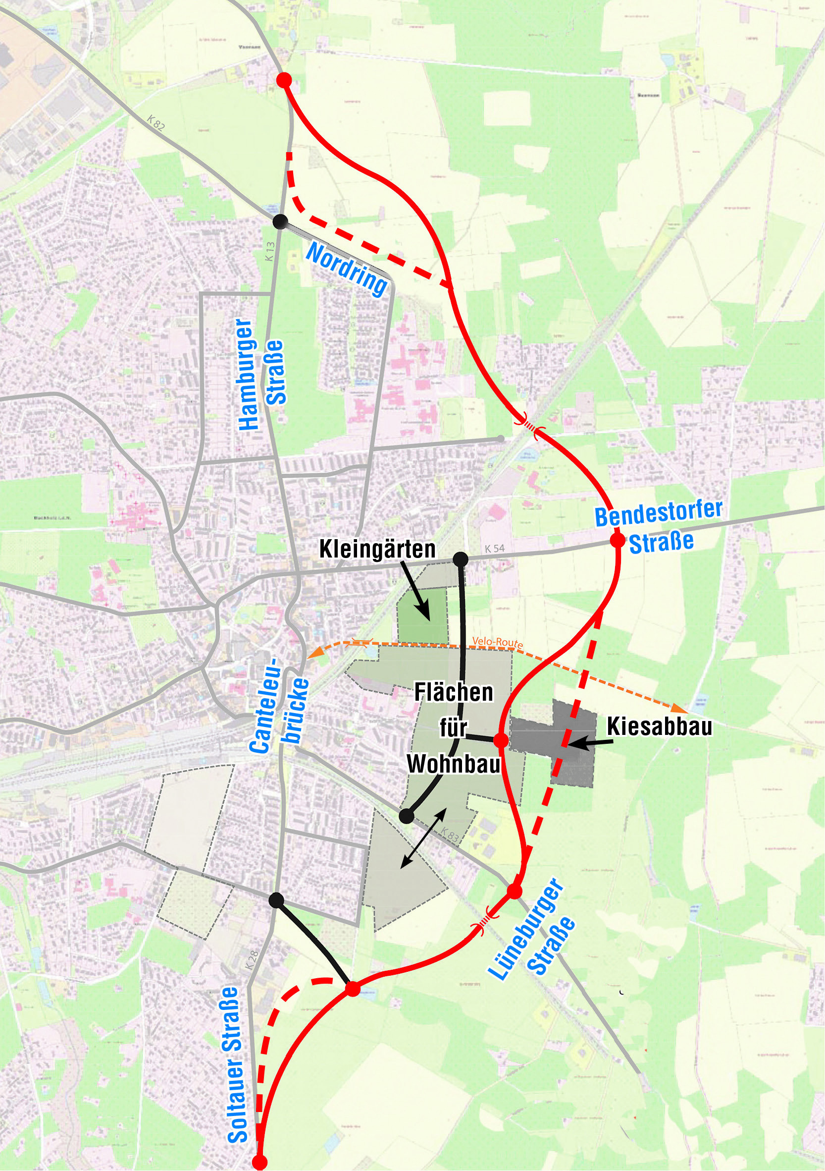 Diese Straßenvariante soll nun näher untersucht werden. Die gestrichelten Linien zeigen
Trassenkorridore, in denen die Ostumfahrung verlaufen könnte