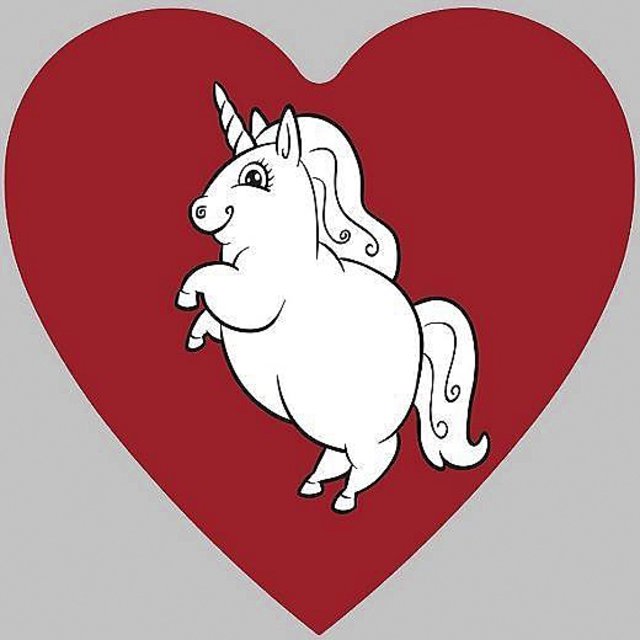 Maskottchen von Die PARTEI: weißes Einhorn auf rotem Herz