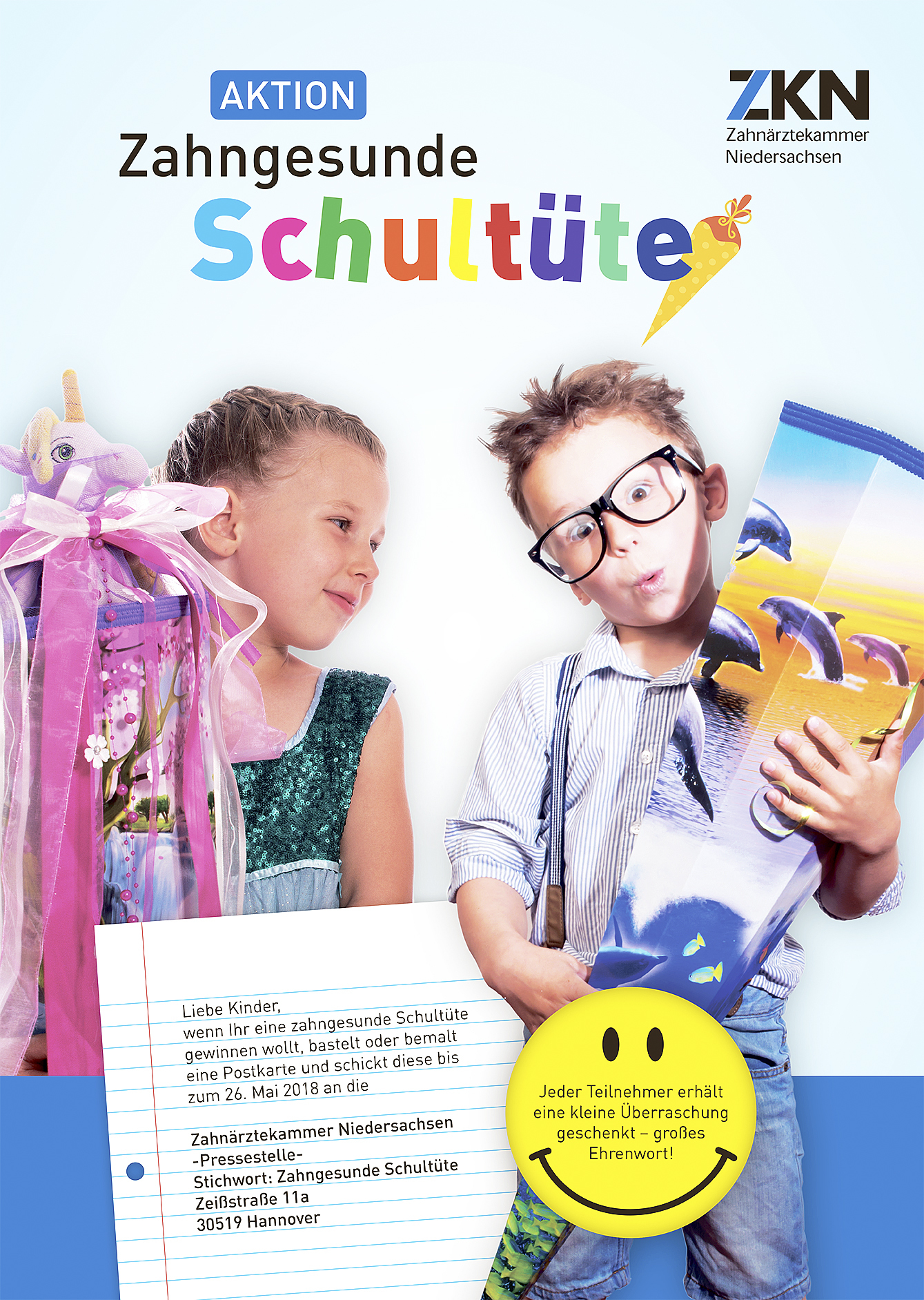 Die Zahnärztekammer Niedersachsen verlost
zum Schulbeginn "Zahngesunde Schultüten" für Abc-Schützen