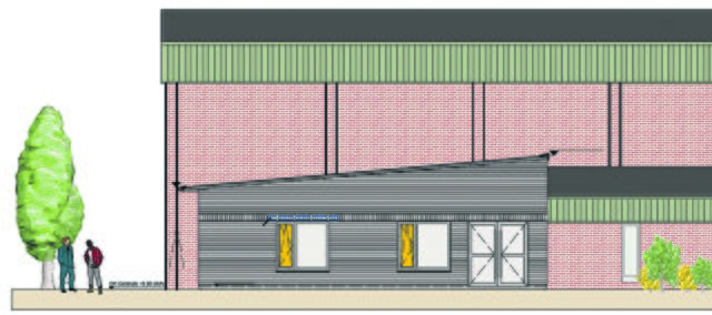 So soll der Anbau später aussehen:
die Hallen-Ansicht von der Aue-Grundschule aus