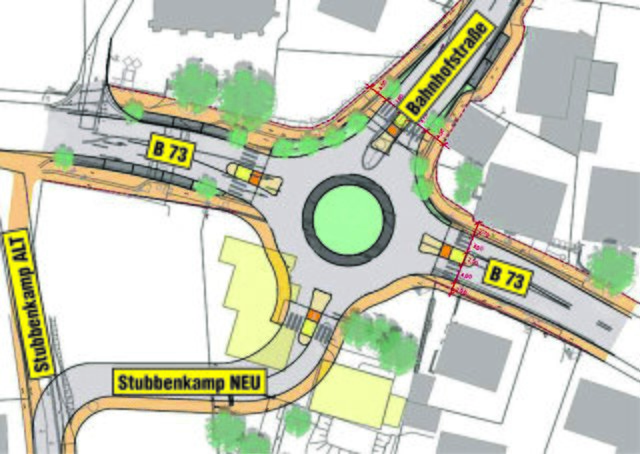 Favorisierte Variante des B73-Kreisels: Der Stubbenkamp (unten) soll in Teilen verlegt und gegenüber der Bahnhofstraße an das Bauwerk angeschlossen werden   Grafik: SHP Ingenieure/Bearb.: MSR