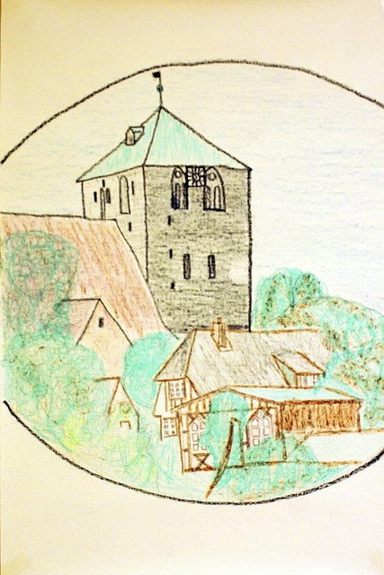 Diese Zeichnung der St. Wilhadi-Kirche von Hans Nau entstand bei einem Besuch der Camera Obscura Stadea