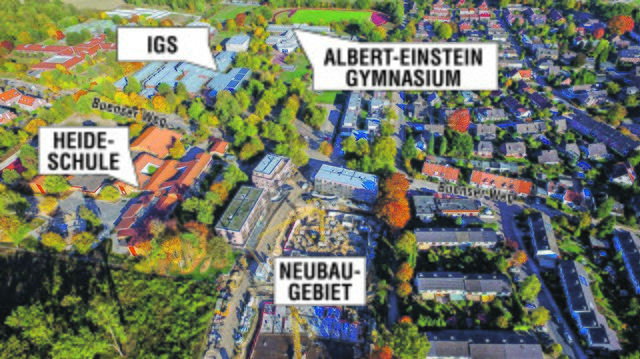 Das Neubaugebiet entsteht in direkter Nachbarschaft zum Schulzentrum Buenser Weg
