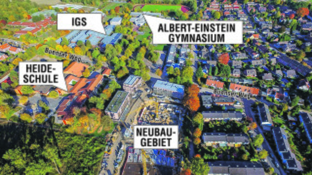 Das Neubaugebiet entsteht in direkter Nachbarschaft zum Schulzentrum Buenser Weg | Foto: Olaf Gülstorf