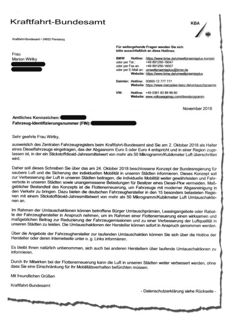 Der Brief des Kraftfahrt-Bundesamtes wurde bundesweit an Halter von alten Dieselfahrzeugen verschickt